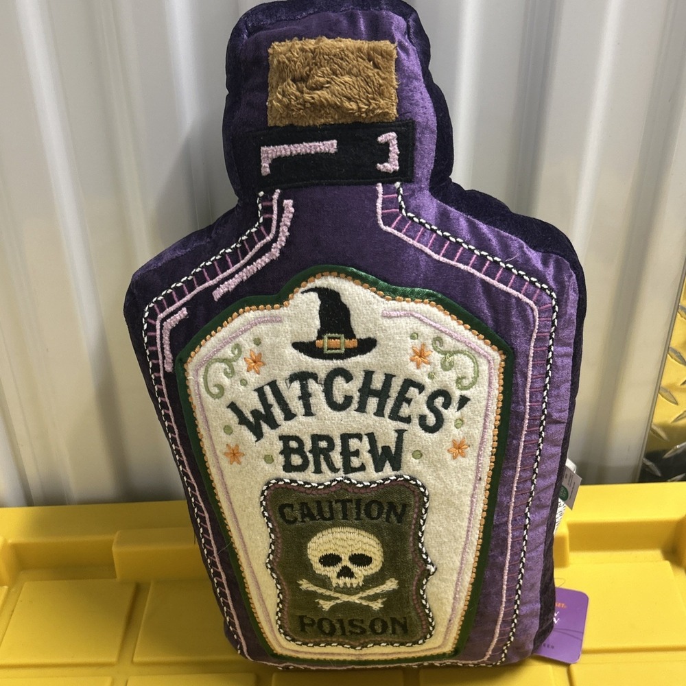 Witch's Brew Decorative Pillow-Purple Bottle Caution Skull!